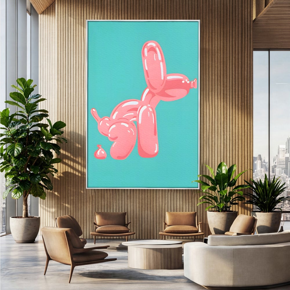 Tablou canvas cu ilustratie caine balon roz, in rama de aluminiu argintiu, pe perete intr-un birou